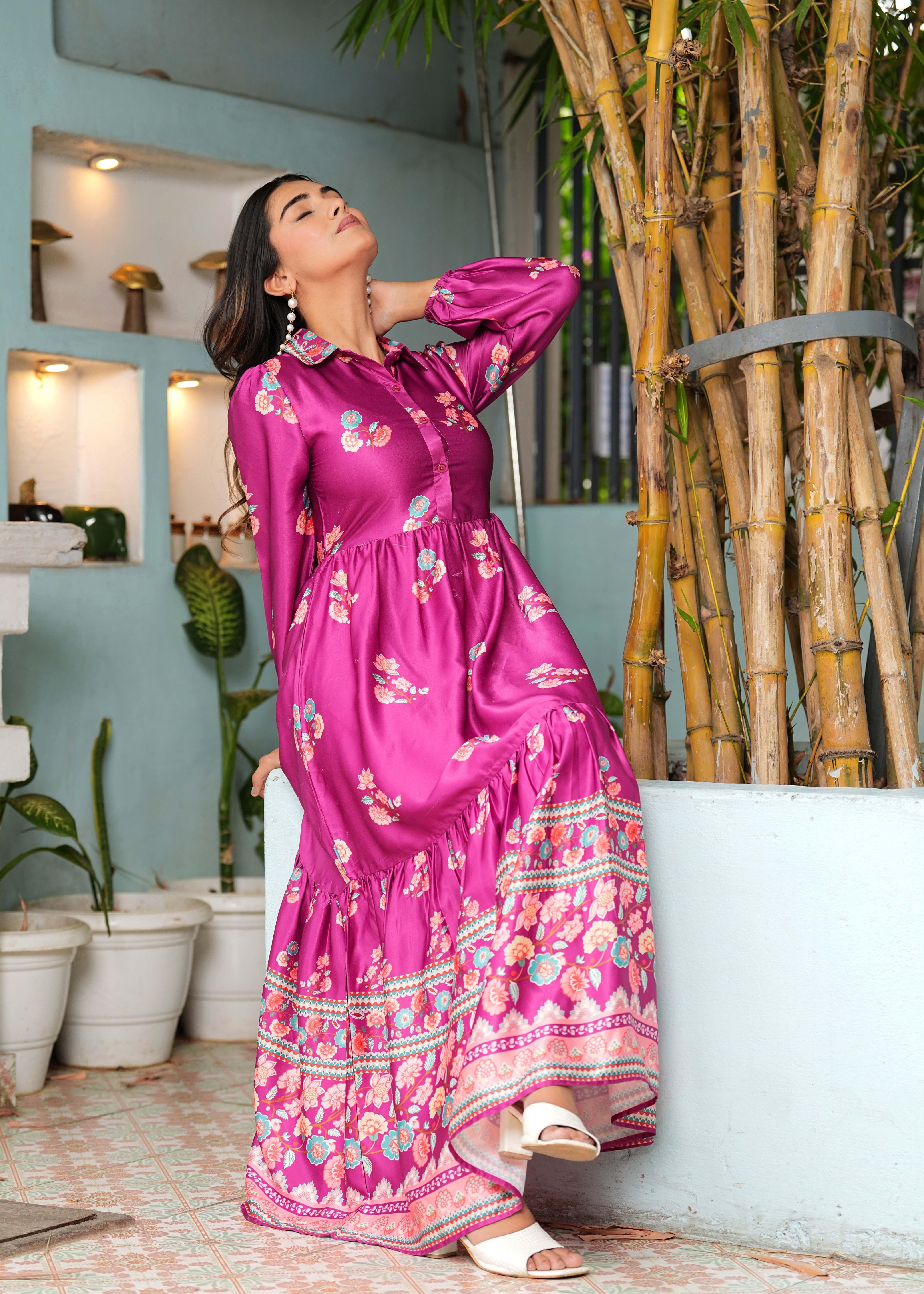 Hatheli's Women Printed Purple Flared Dress Hatheli's Women Printed Purple Flared Dress