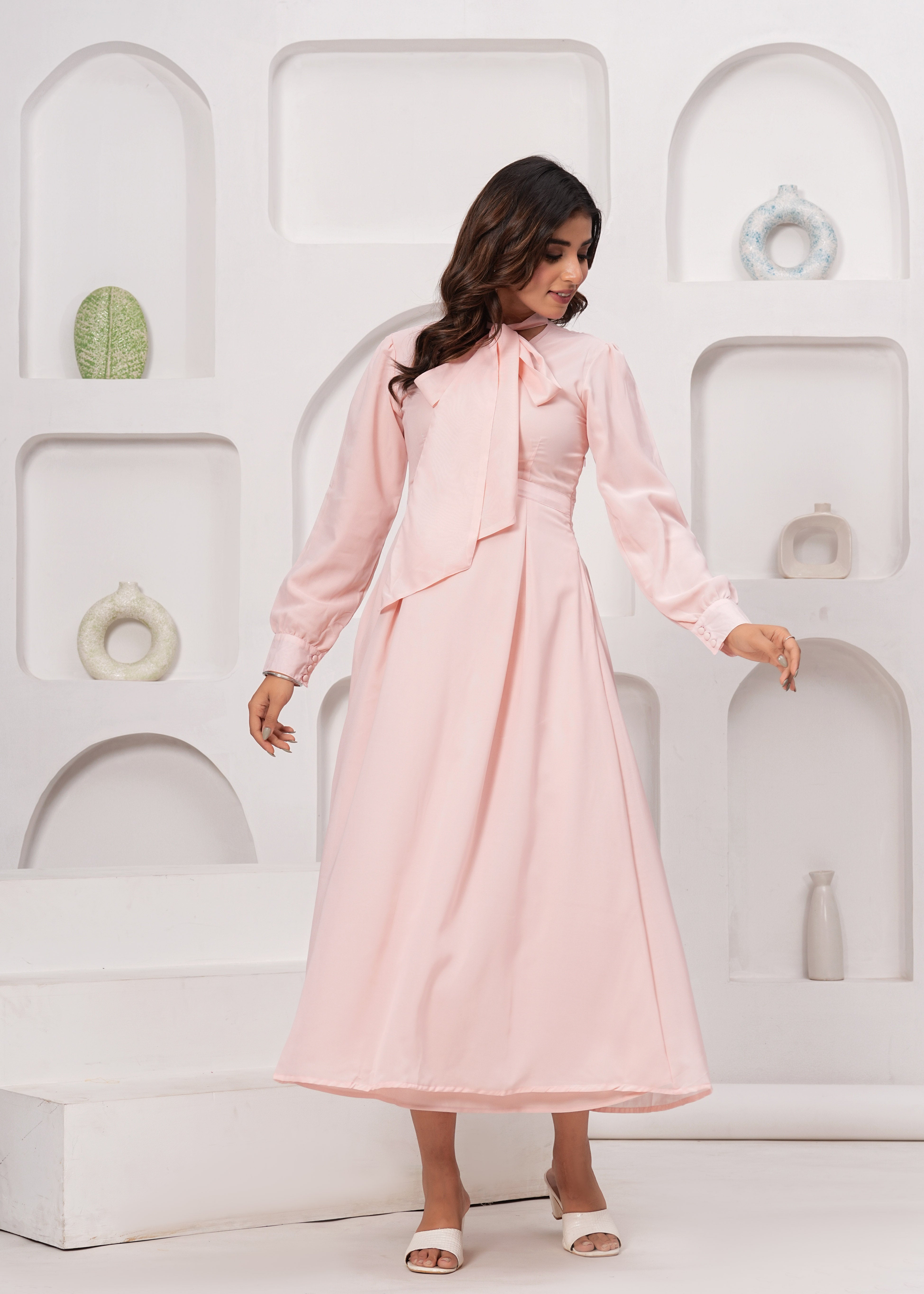 Hatheli's Women Solid Cream Flared Dress with Belt Hatheli's Women Solid Cream Flared Dress with Belt