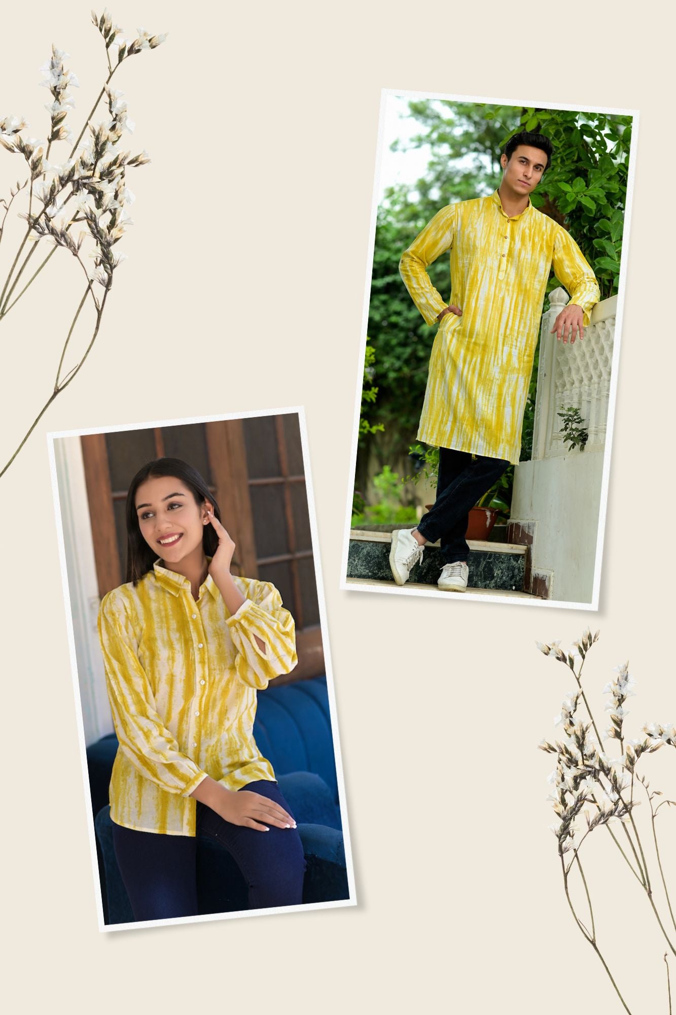 Yellow Shibhori Printed Couple Set ( 1 Women Shirt , 1 Mens Kurta)