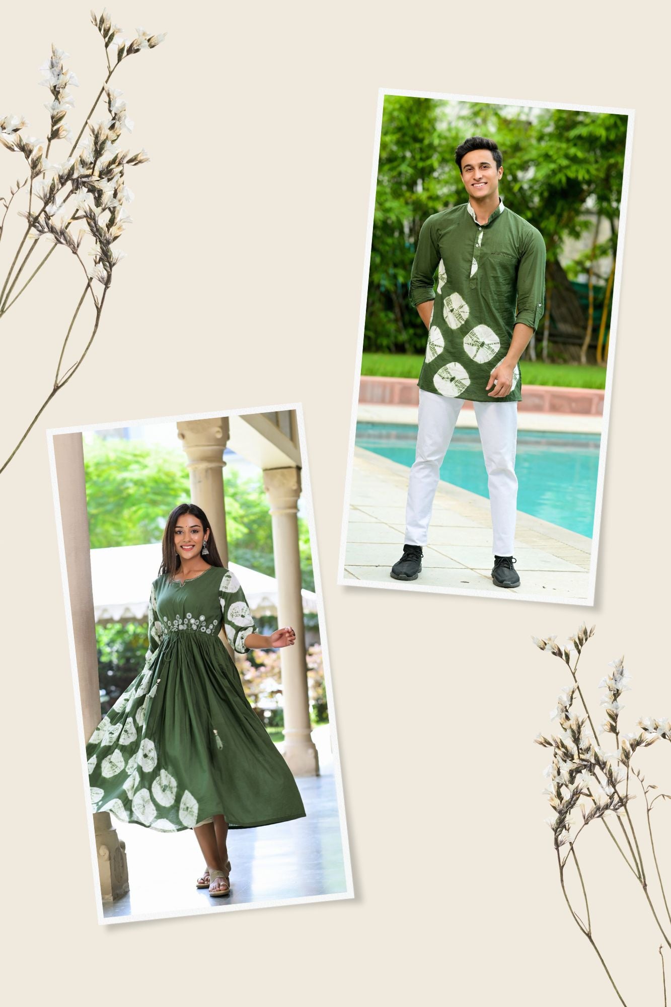Green tie&Dye Party wear Couple Set ( 1 Dress , 1 Mens Short Kurta)