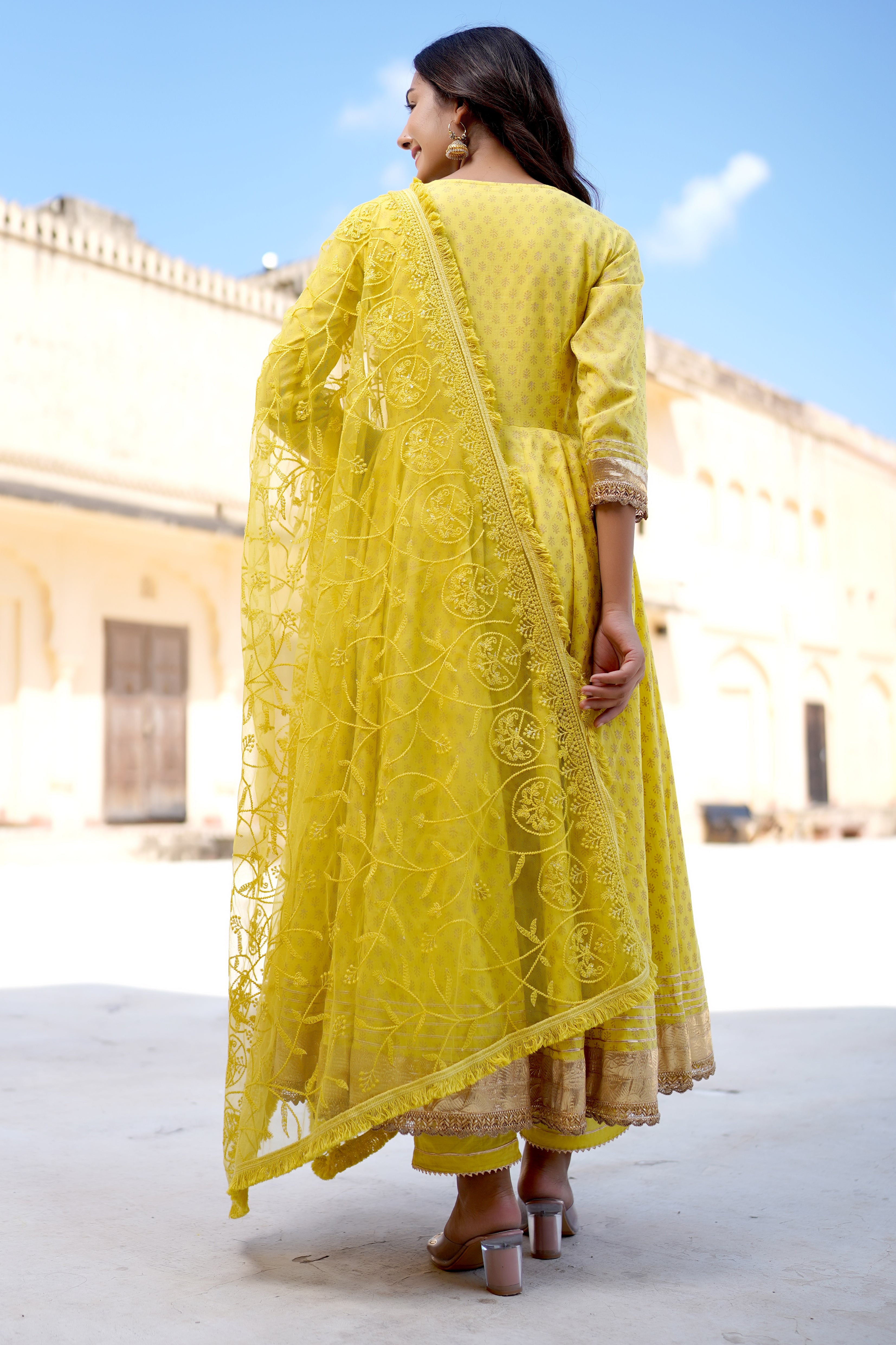 Golden Yellow Flared Anarkali Suit Set