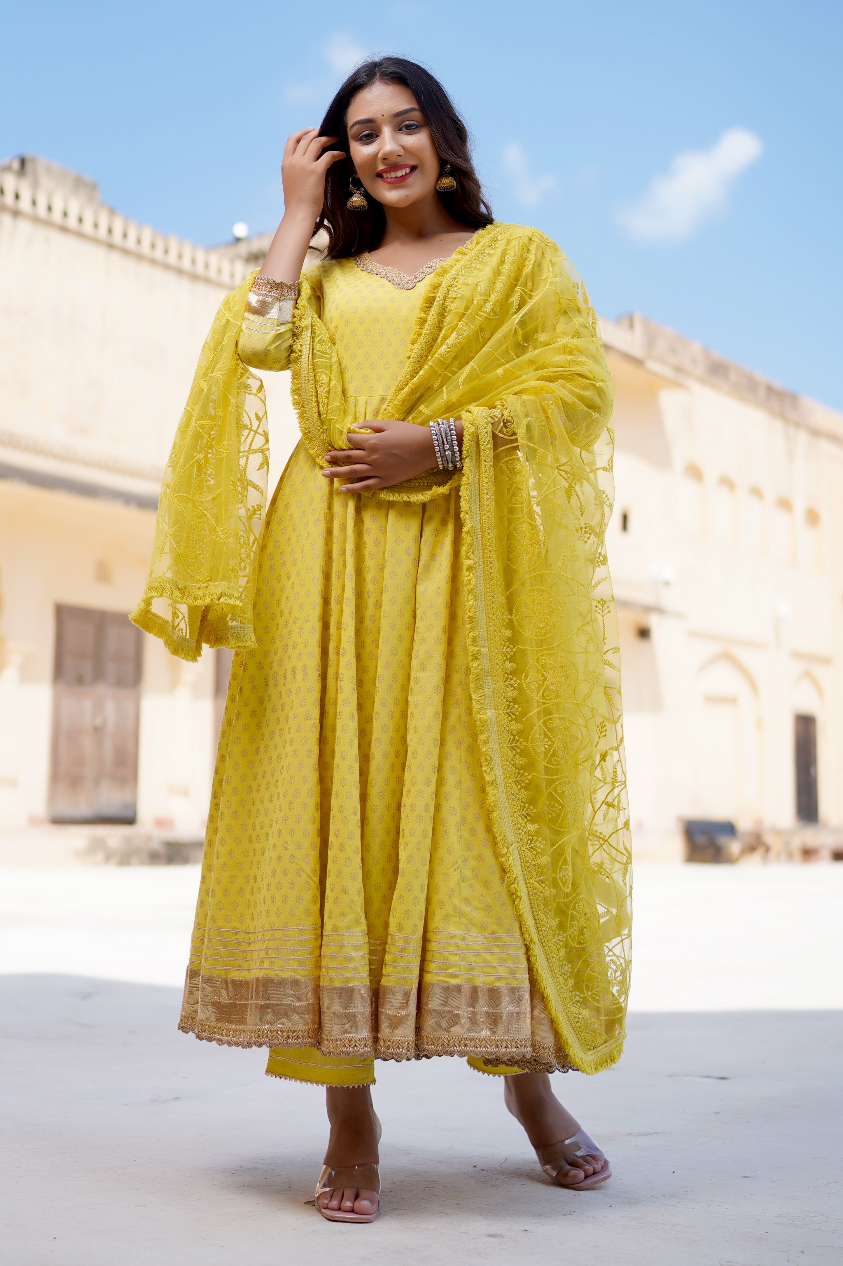 Golden Yellow Flared Anarkali Suit Set