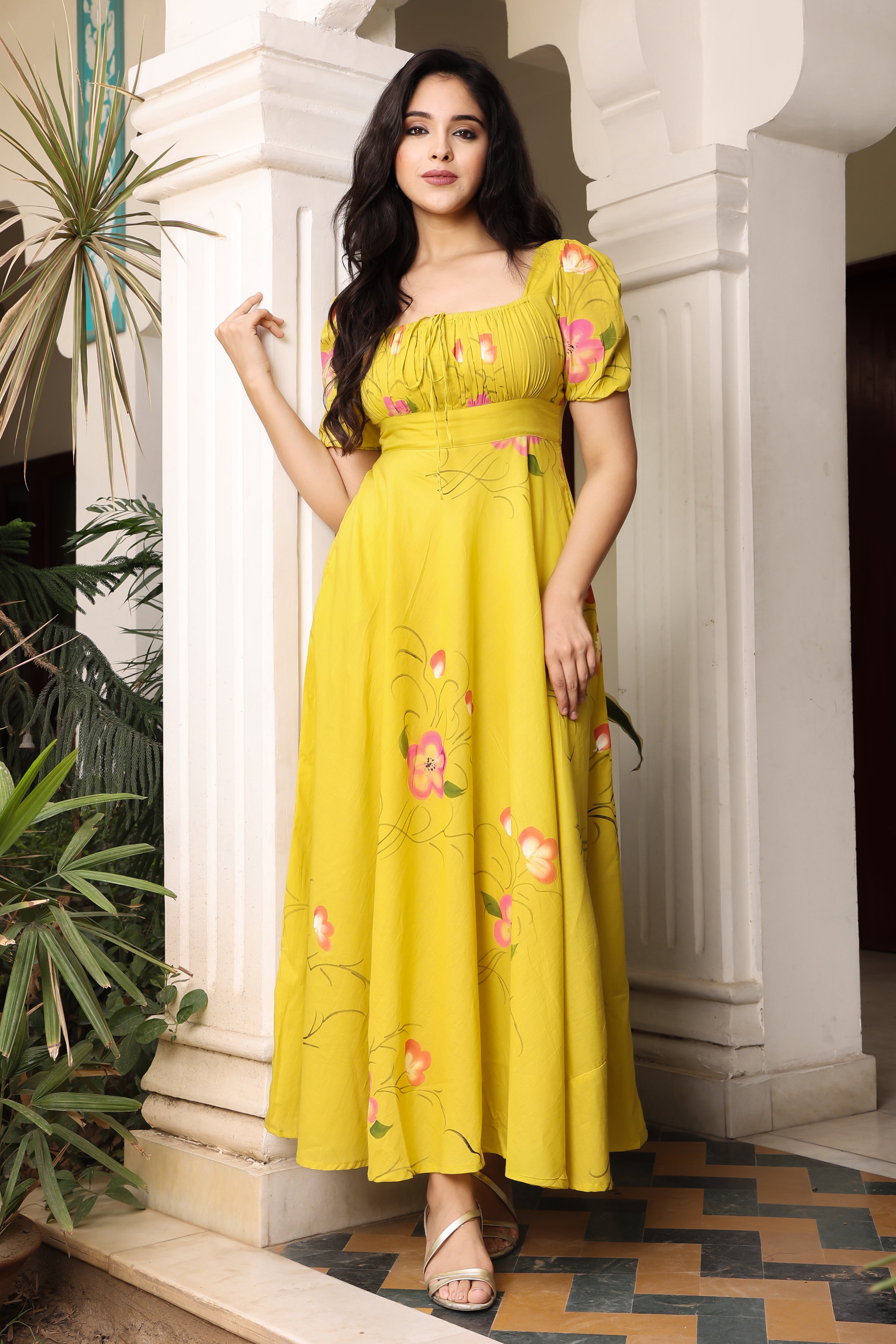 Sunshine Yellow Hand Painted Flared Cotton Dress – Hatheli Sunshine Yellow Hand Painted Flared Cotton Dress – Hatheli