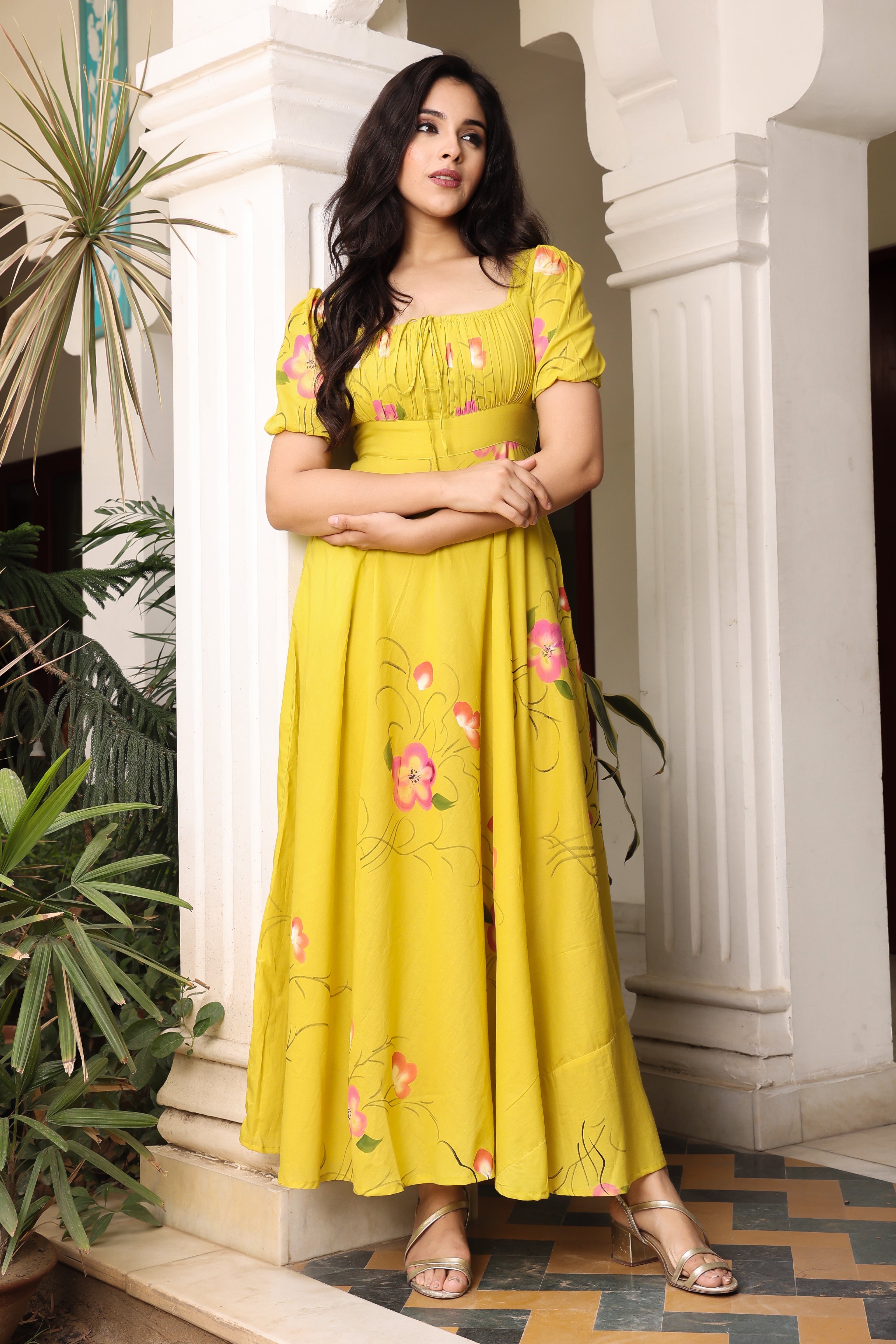 Sunshine Yellow Hand Painted Flared Cotton Dress Hatheli Sunshine Yellow Hand Painted Flared Cotton Dress Hatheli