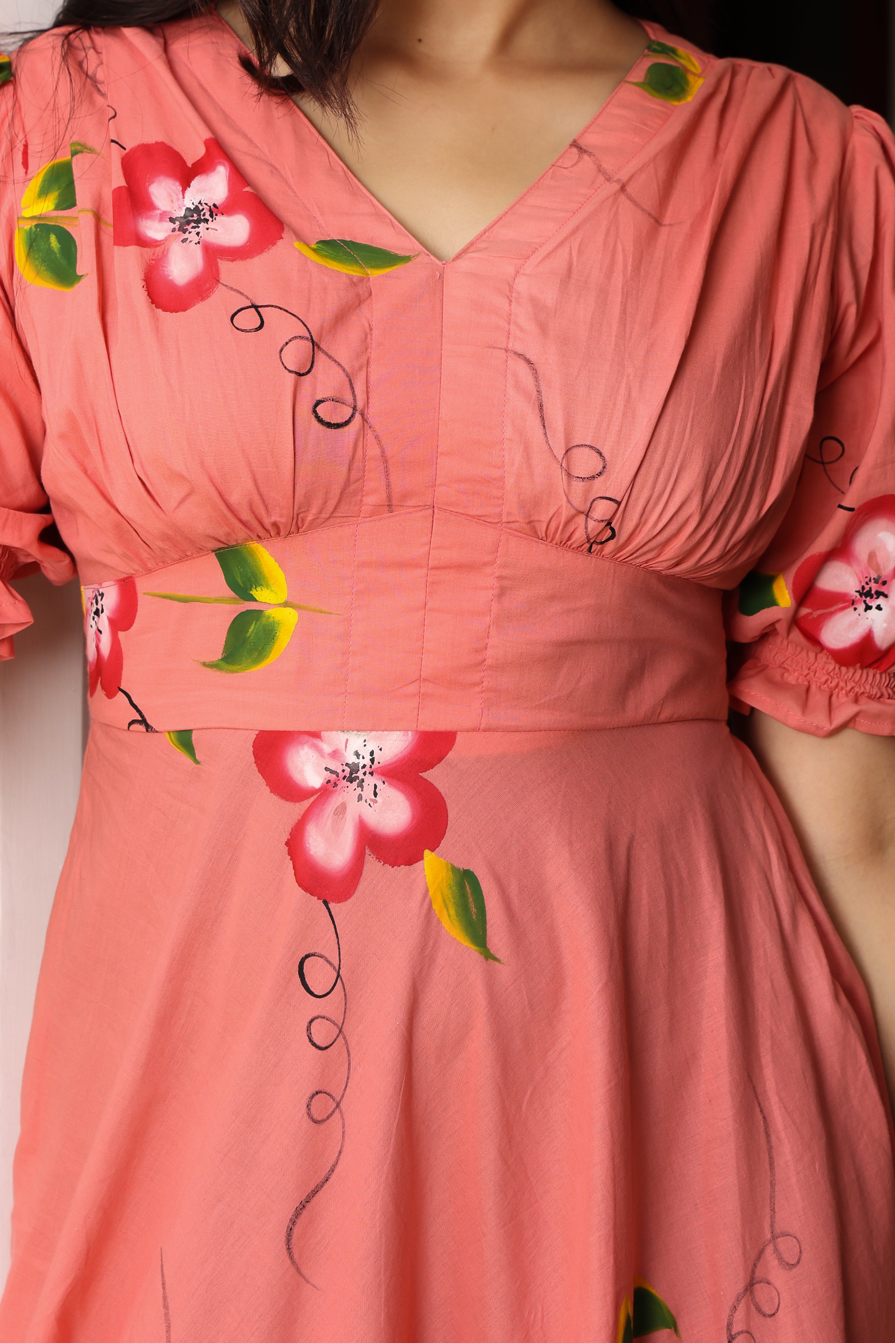 Burnt Peach Hand Painted Flared Cotton Dress