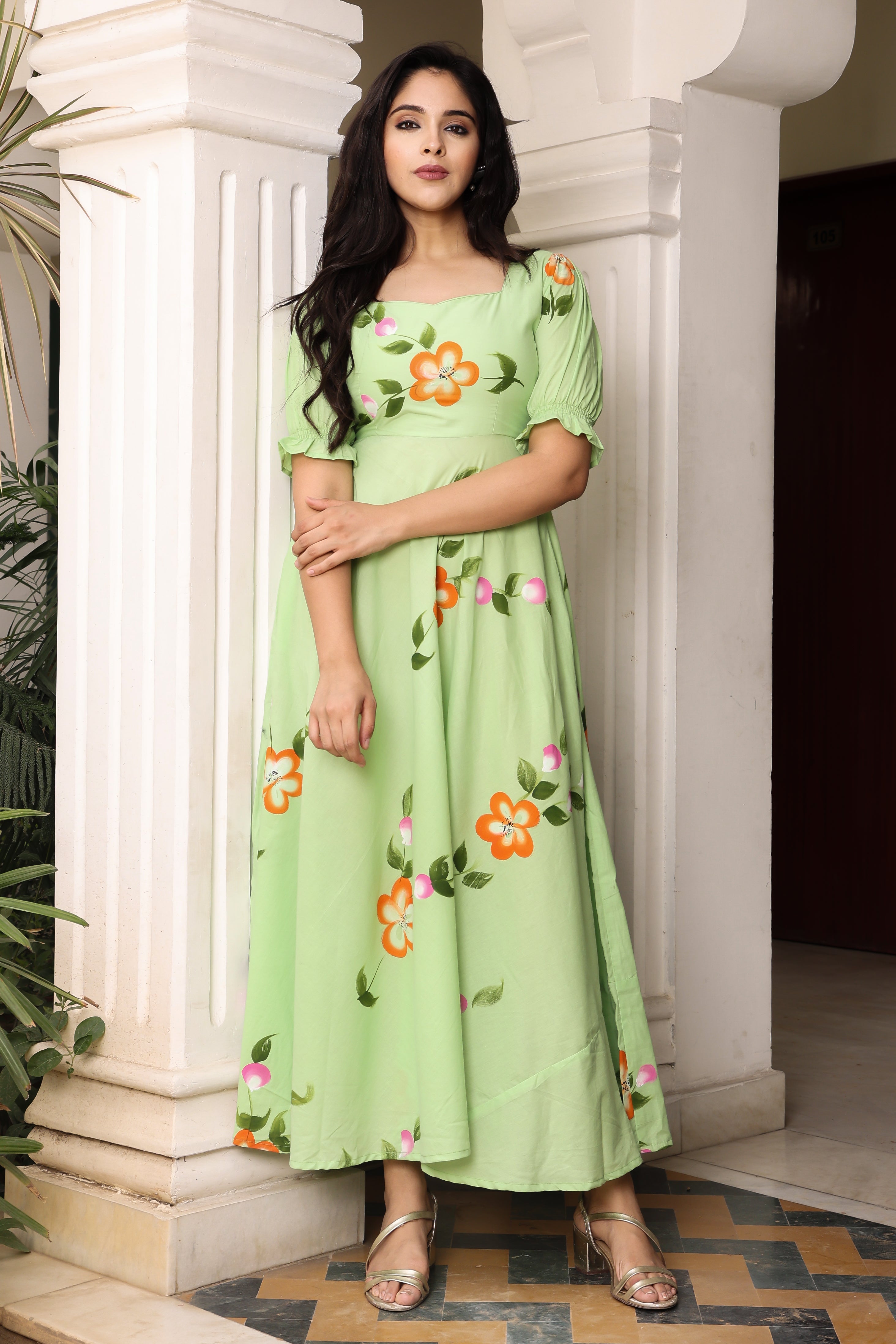 Mint Green Hand Painted Flared Cotton Dress Hatheli Mint Green Hand Painted Flared Cotton Dress Hatheli