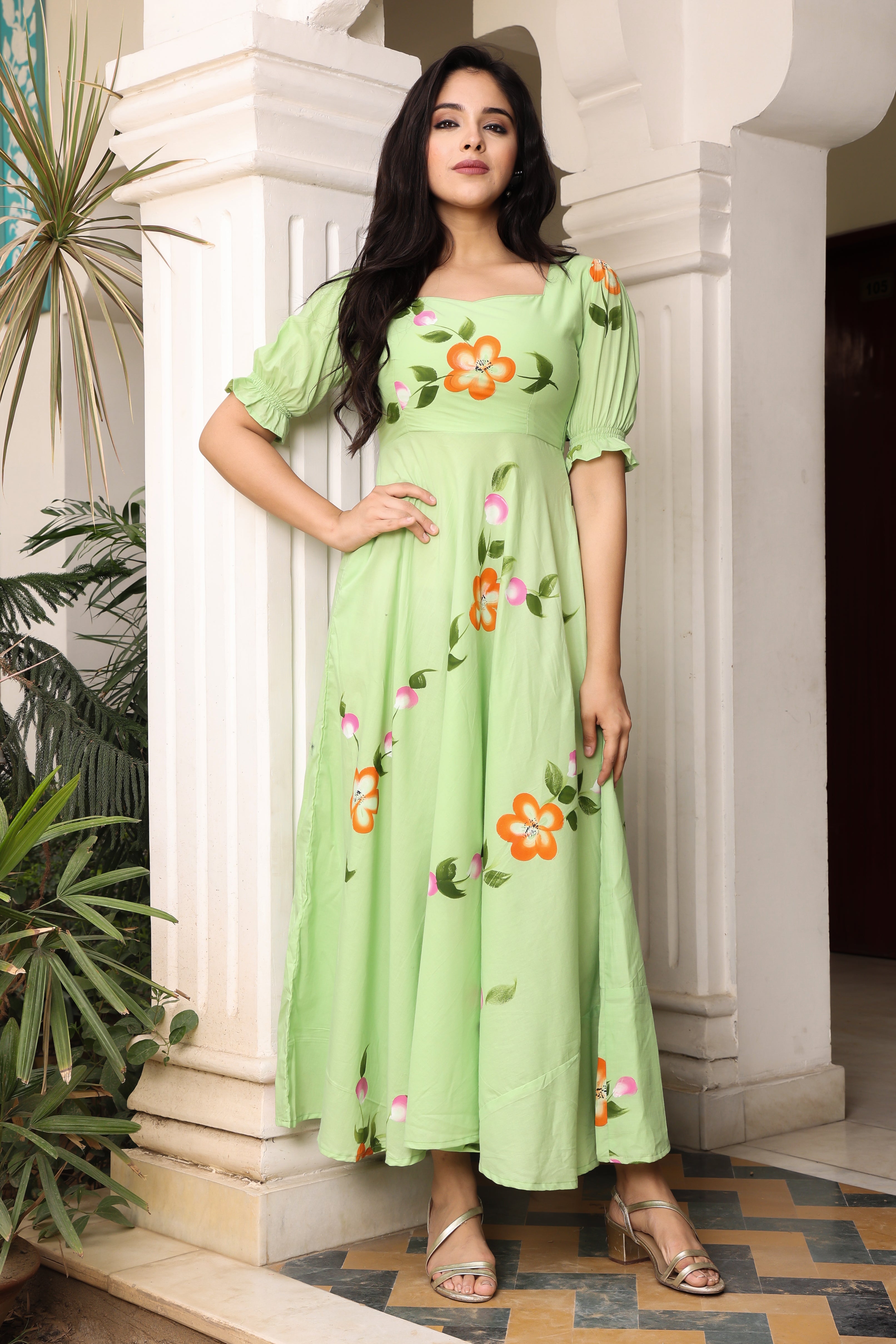 Mint Green Hand Painted Flared Cotton Dress