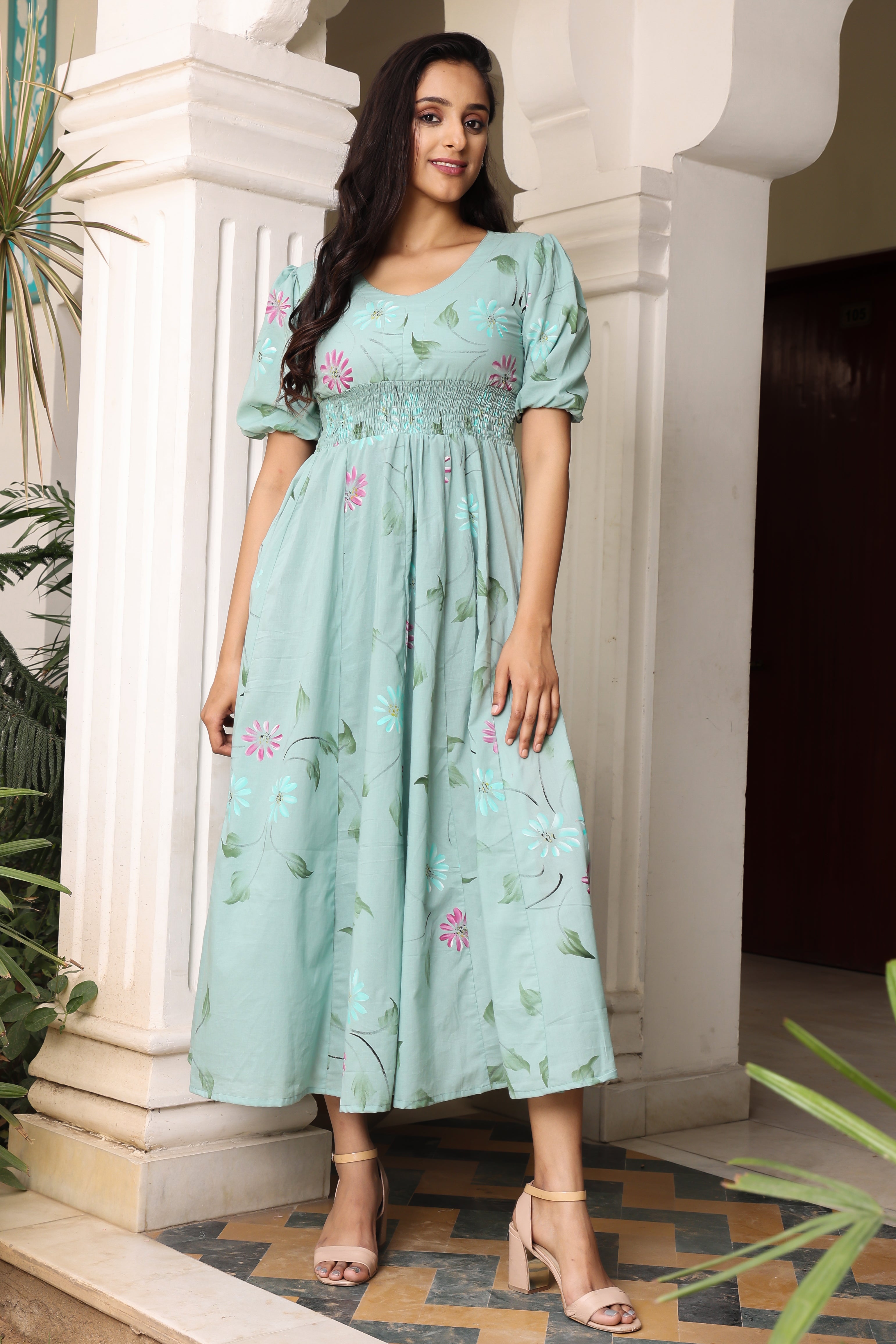 Pear Floral Hand Painted Flared Cotton Dress