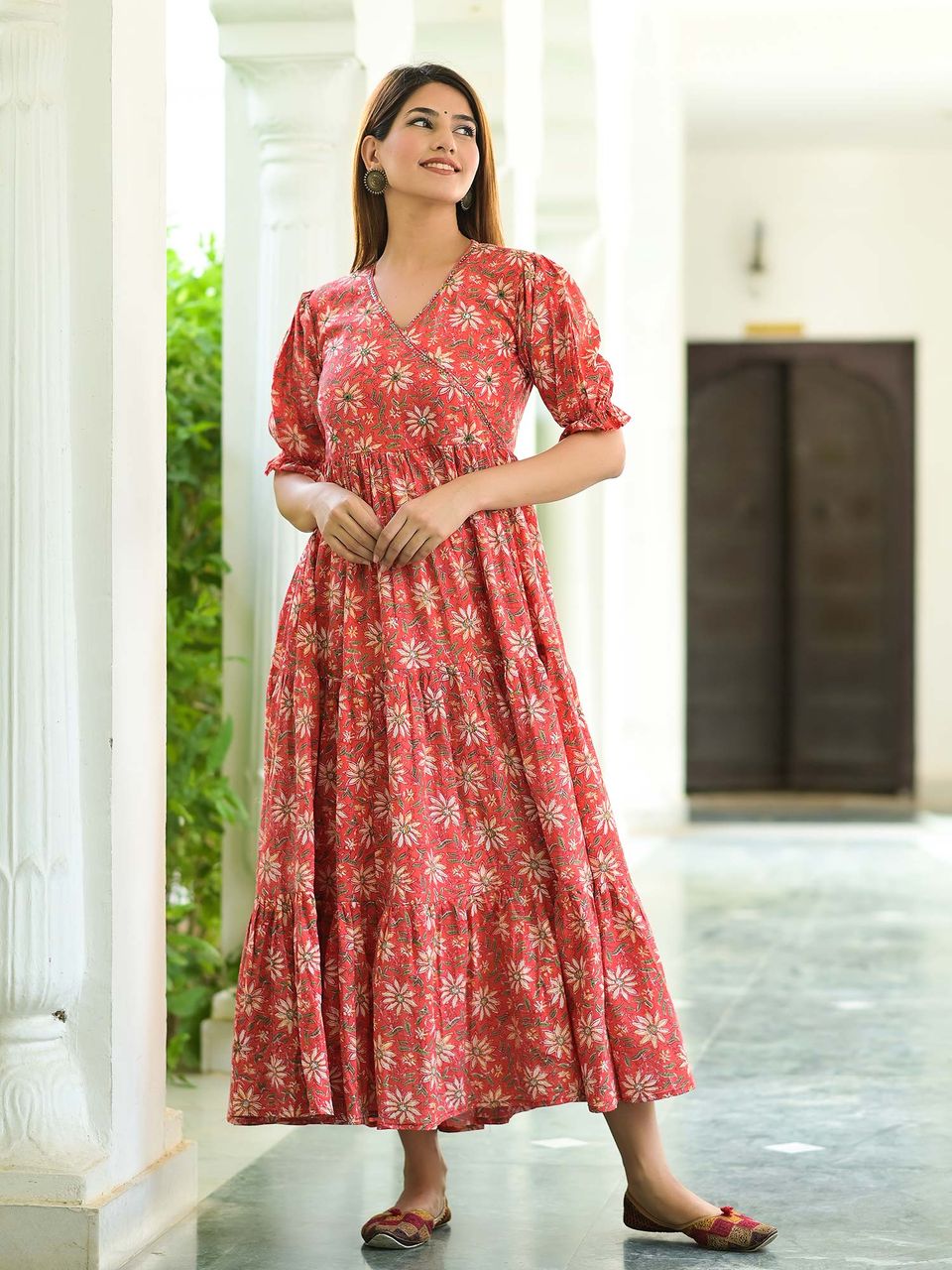 Desirable Red Tiered Anarkali Cotton Dress