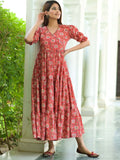 Desirable Red Tiered Anarkali Cotton Dress