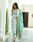 White Snowy Mughal Print Hand Block Suit Set