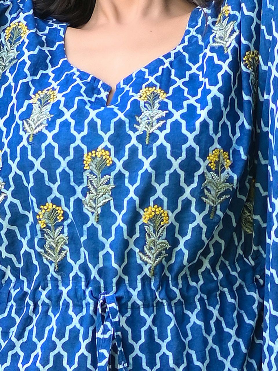 Indigo Trellis Embroidered Cotton Kaftan Dress