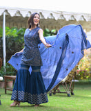 Royal Blue Block Print Sharara Suit Set