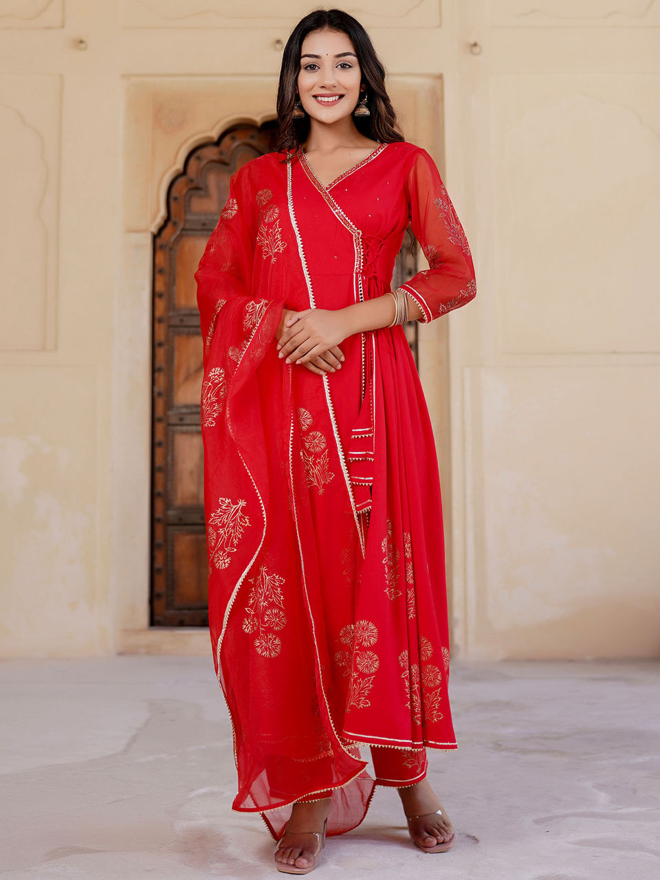 Bright Red Mugal Anarkali Suit Set