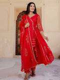 Bright Red Mugal Anarkali Suit Set