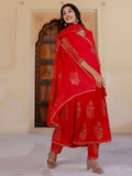 Bright Red Mugal Anarkali Suit Set