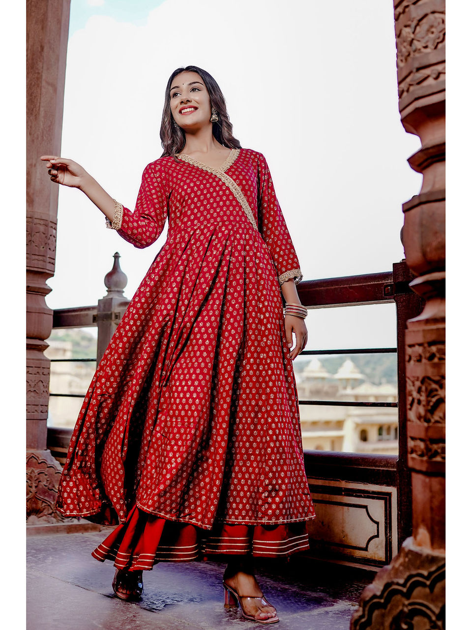 Maroon Gold Printed Double Layer Dress Hatheli Maroon Gold Printed Double Layer Dress Hatheli