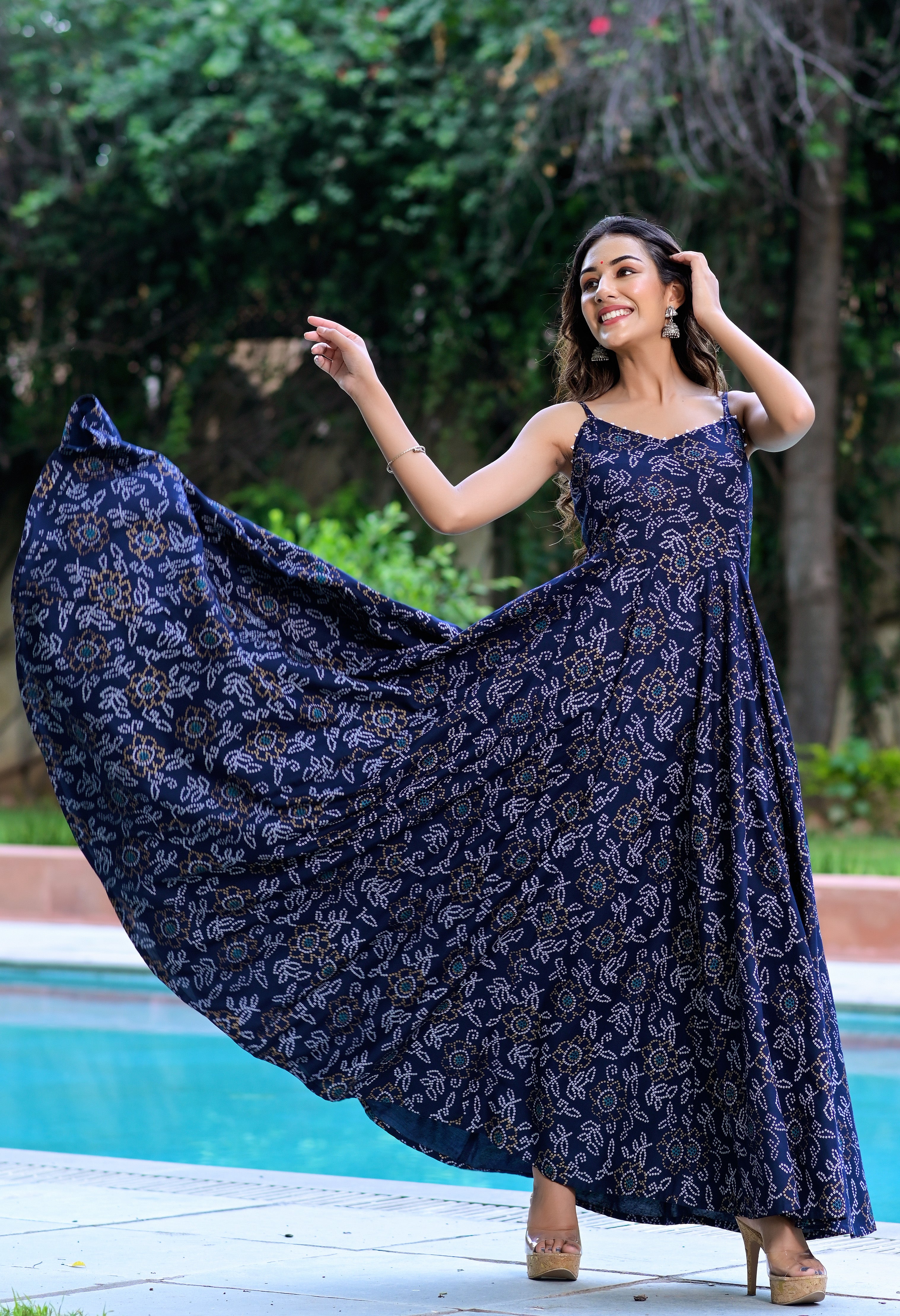 Navy Blue Bandhani Flared Dress Hatheli Navy Blue Bandhani Flared Dress Hatheli