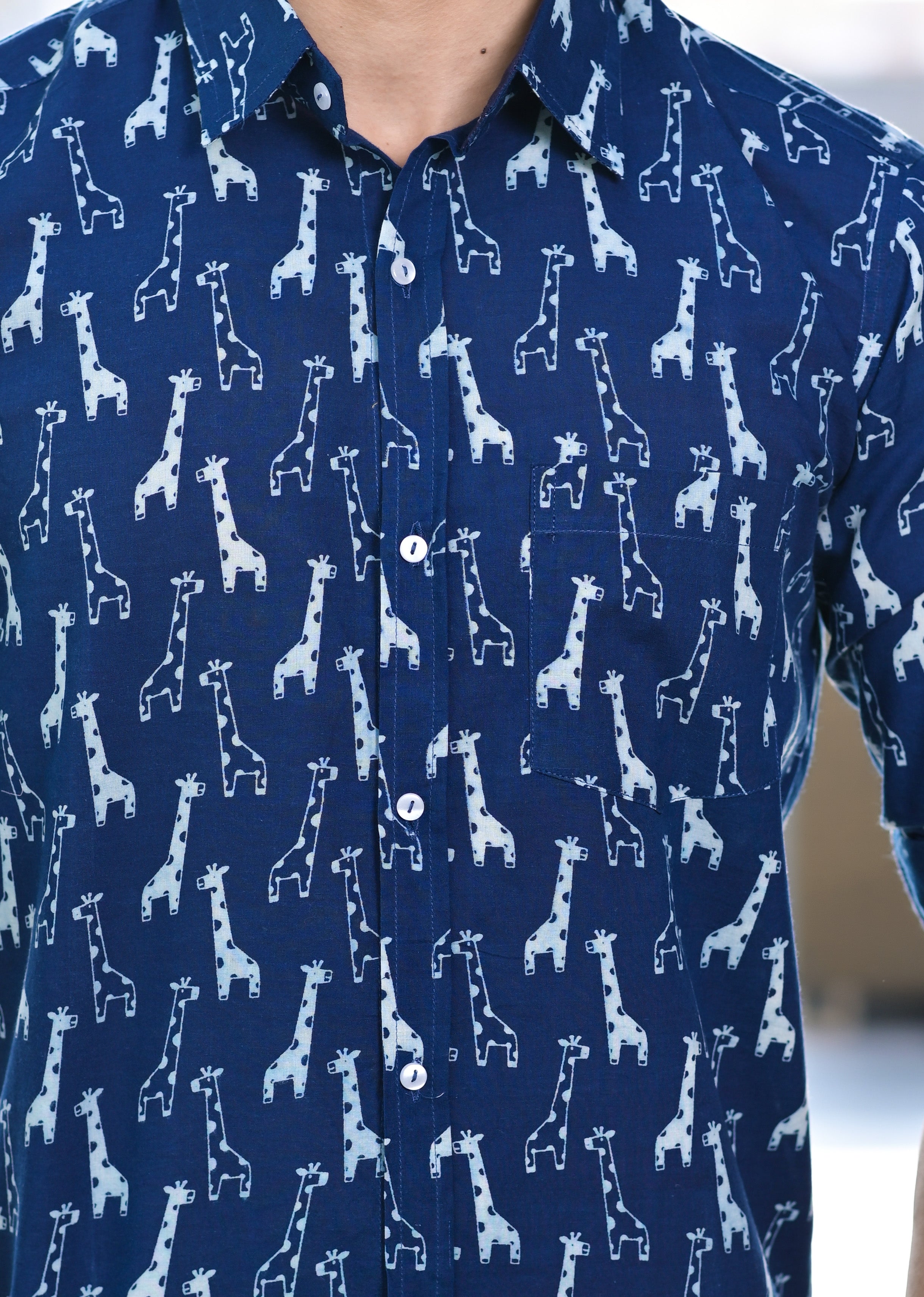 Bagru Giraffe Print Indigo Cotton Shirt
