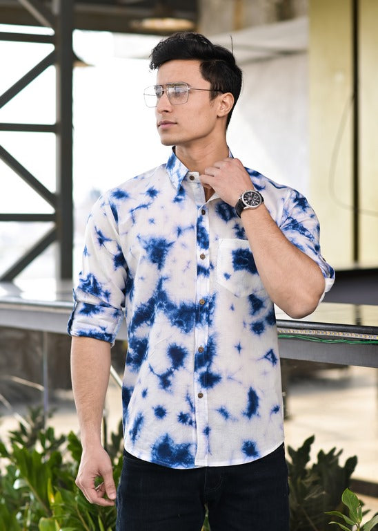 Blue and White Tie Dye Cotton Shirt
