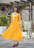 Yellow Printed A line Kurta