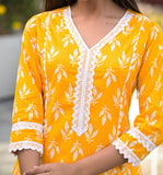 Yellow Printed A line Kurta