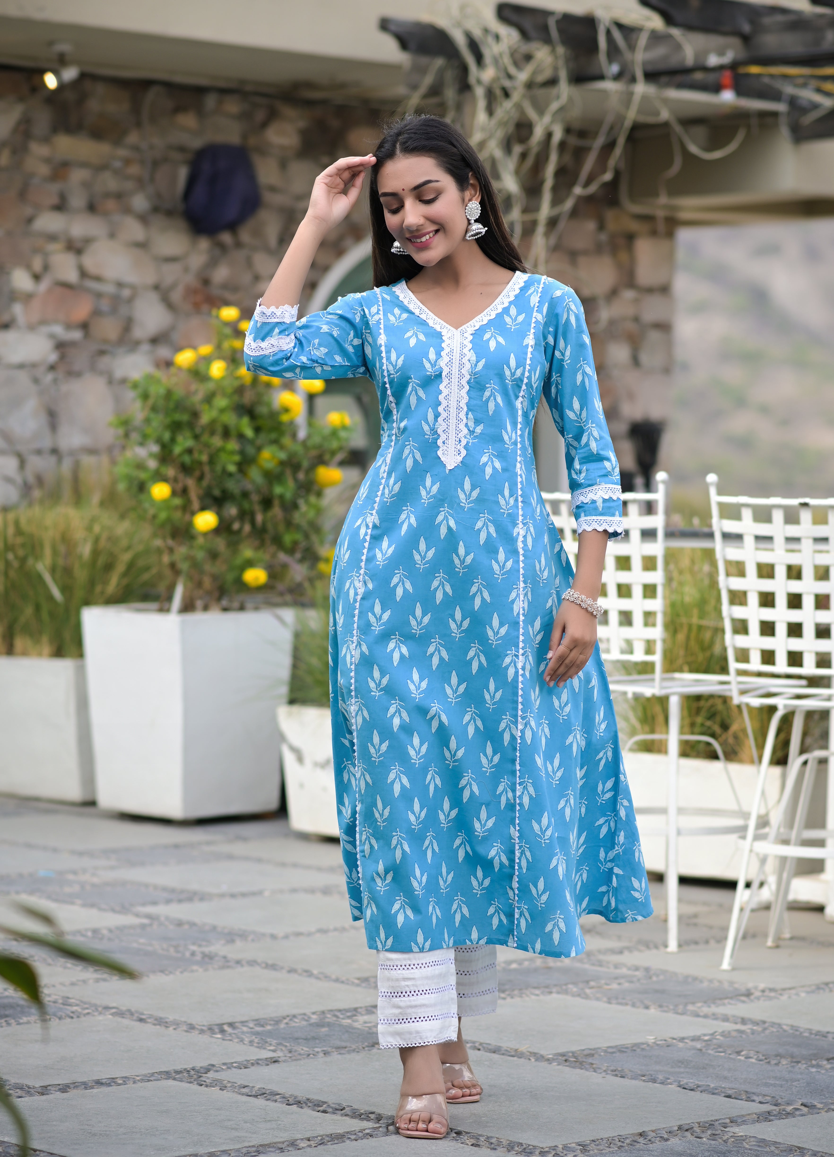 Blue Printed A line Kurta Palazzo and Dupatta Set Hatheli Blue Printed A line Kurta Palazzo and Dupatta Set Hatheli