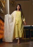 Yellow Cotton Dobby Kurta With Palazzo & Dupatta Set