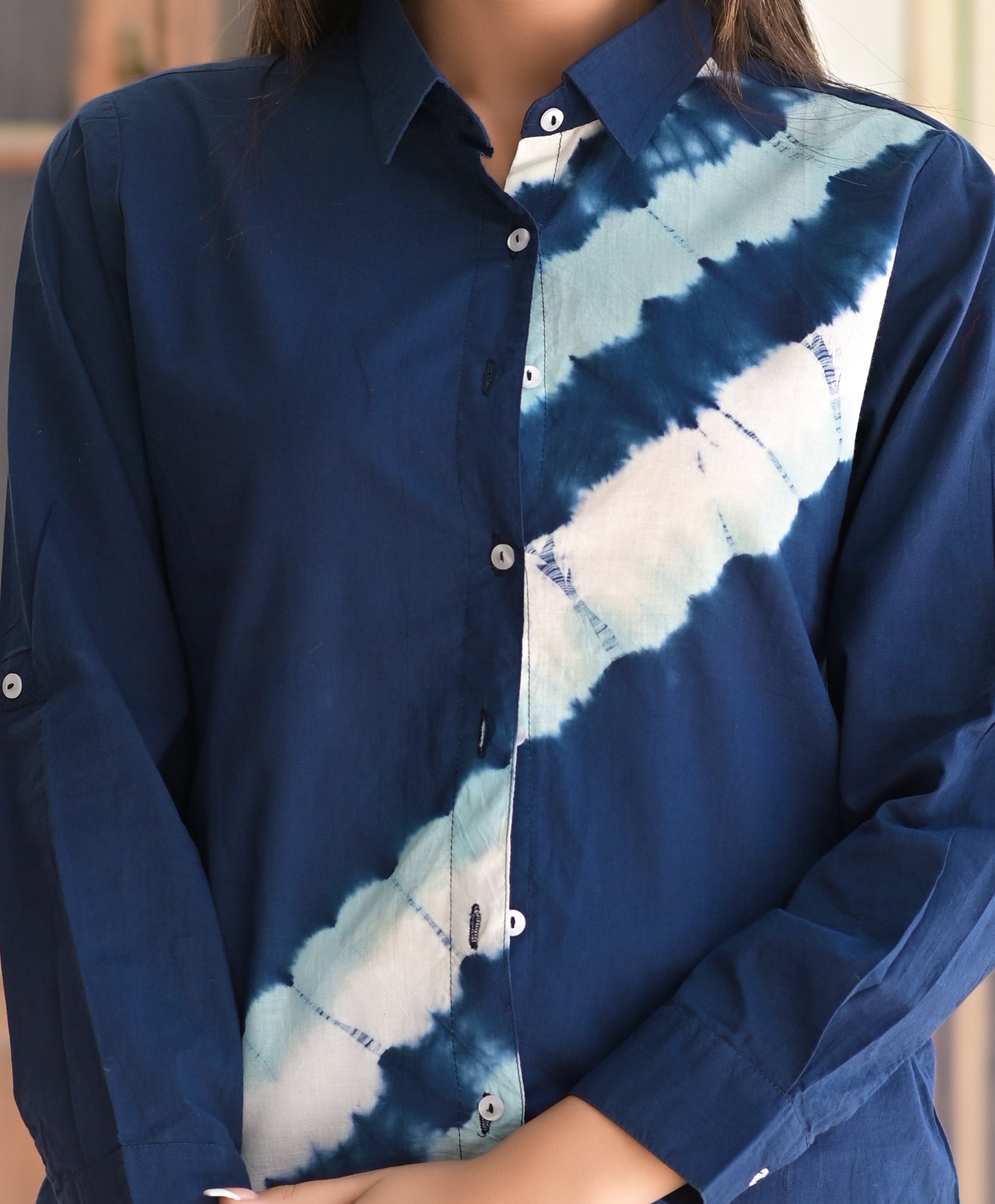 Blue Diagonal Tie Dye Cotton Shirt