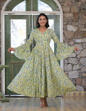 Green Floral Hand Block Cotton Dress