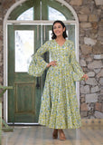 Green Floral Hand Block Cotton Dress