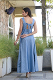 Blue Foil Print Back Knot Flared Dress