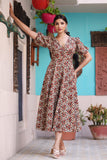 Bold & Bright Floral Beige Hand Block Cotton Dress