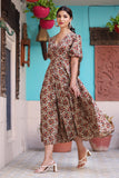 Bold & Bright Floral Beige Hand Block Cotton Dress