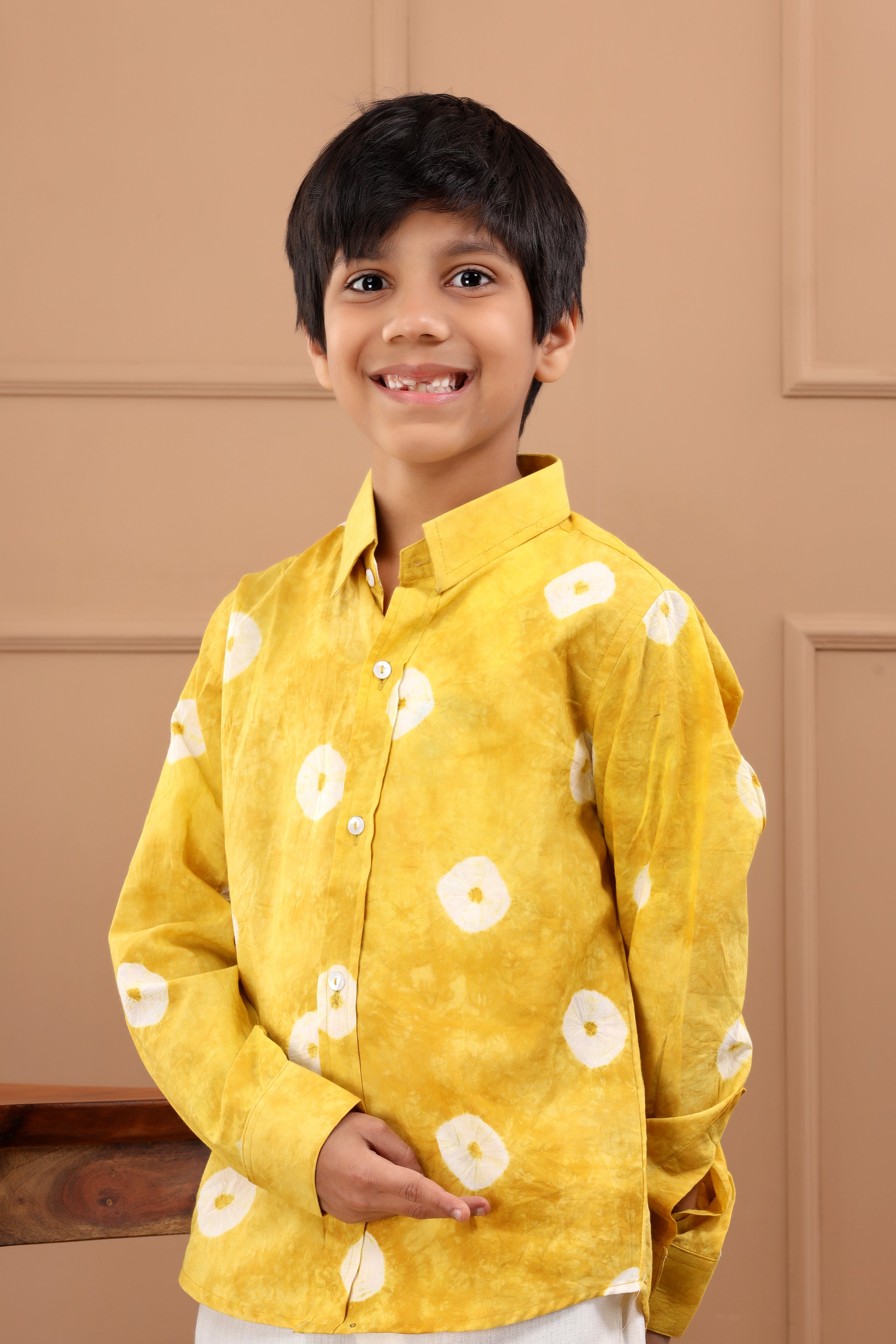Boys Hand Made Mustard Bandhani Sustainable Cotton Shirt