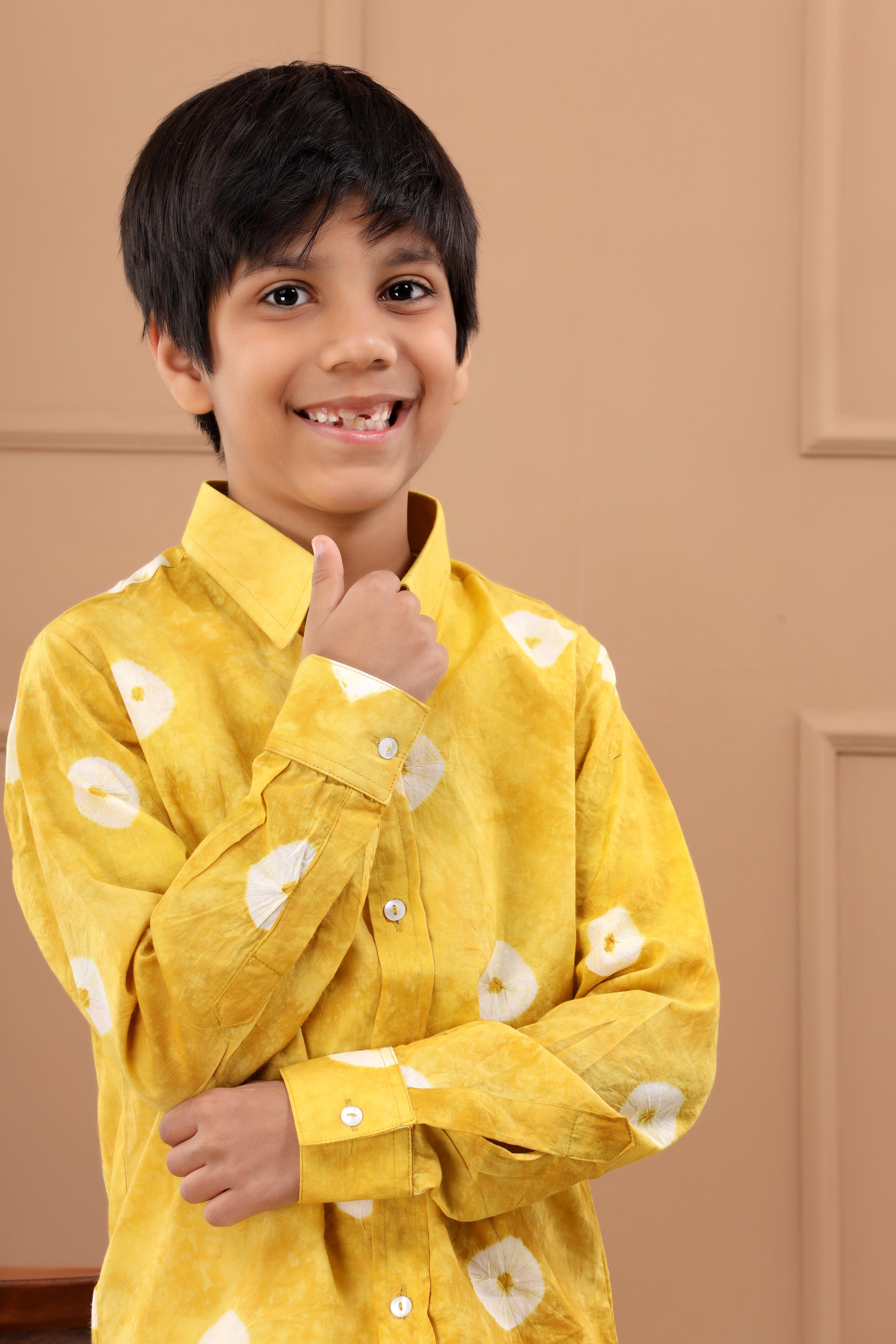 Boys Hand Made Mustard Bandhani Sustainable Cotton Shirt
