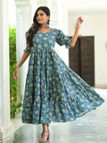 Serene Blue Floral Tiered Cotton Anarkali Dress