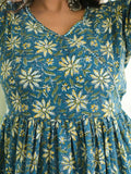 Serene Blue Floral Tiered Cotton Anarkali Dress