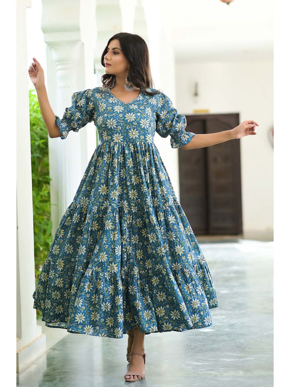 Serene Blue Floral Tiered Cotton Anarkali Dress Hatheli Serene Blue Floral Tiered Cotton Anarkali Dress Hatheli