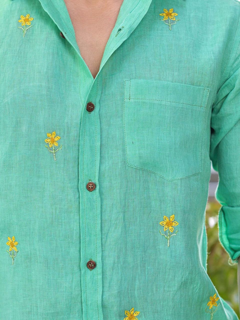 Green Linen Embroidery Shirt
