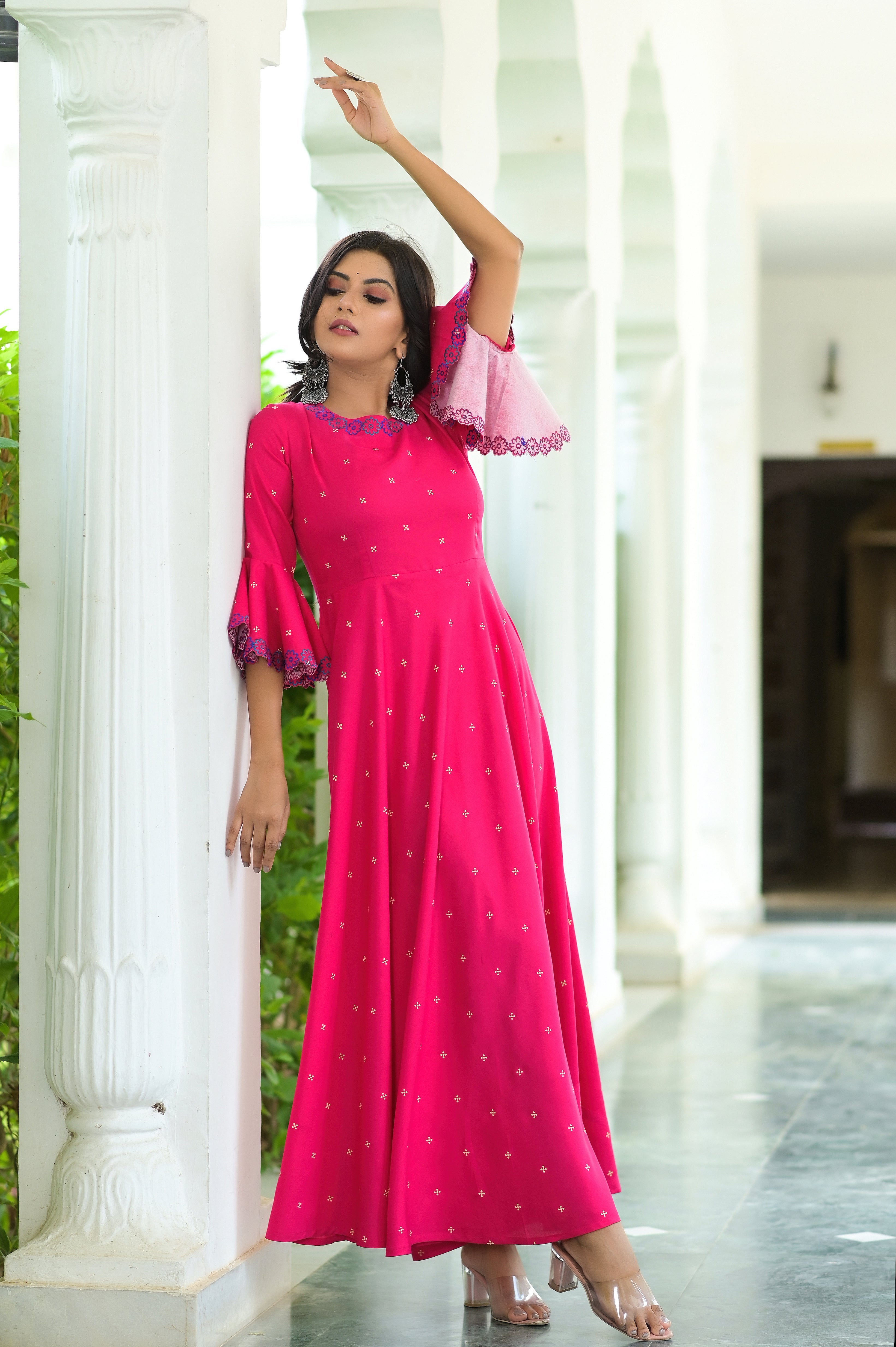 Peppy Pink Embroidered Rayon Dress  Hatheli