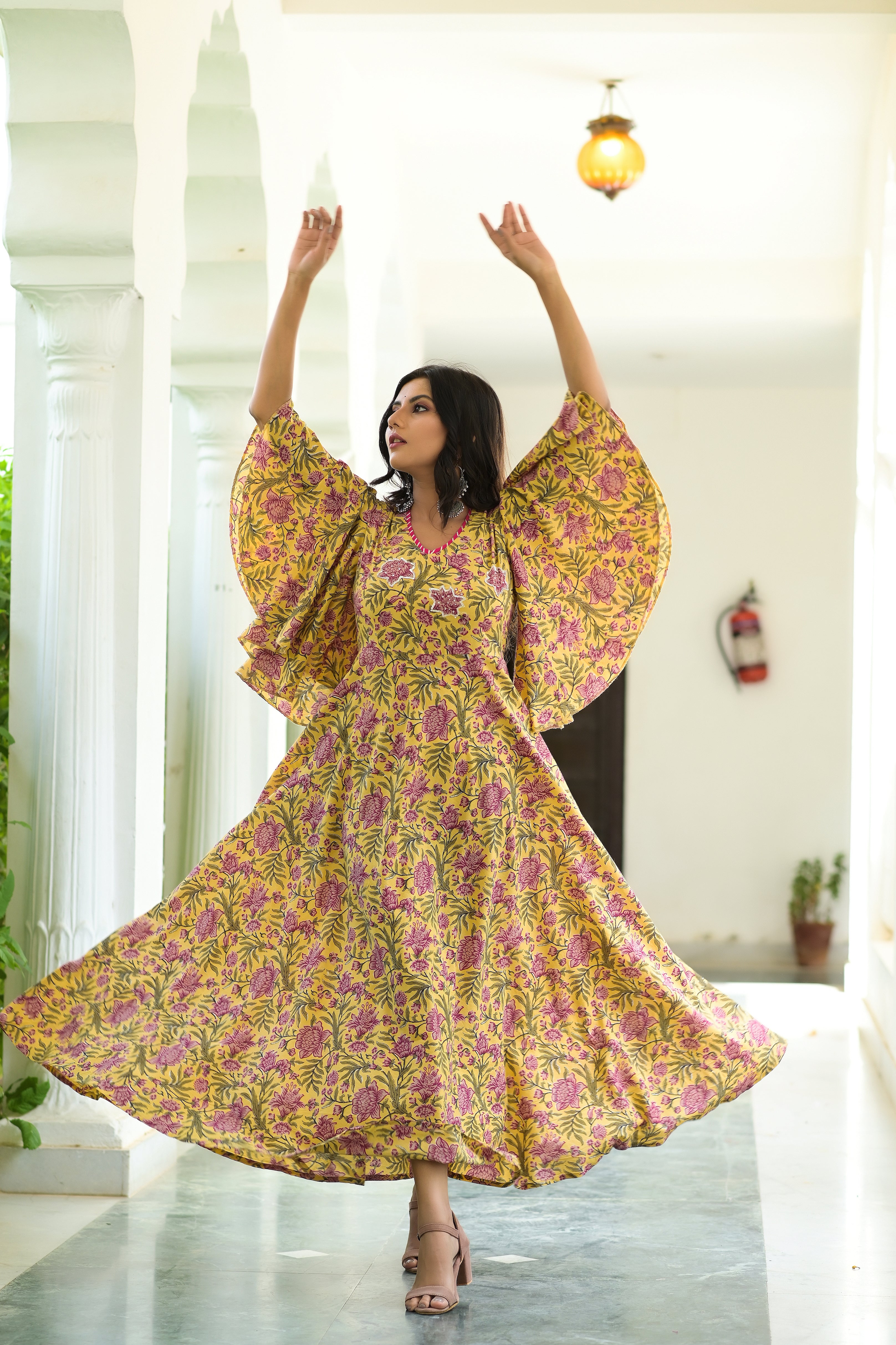 Yellow Blush Printed Cotton Dress With Adda Work - Hatheli