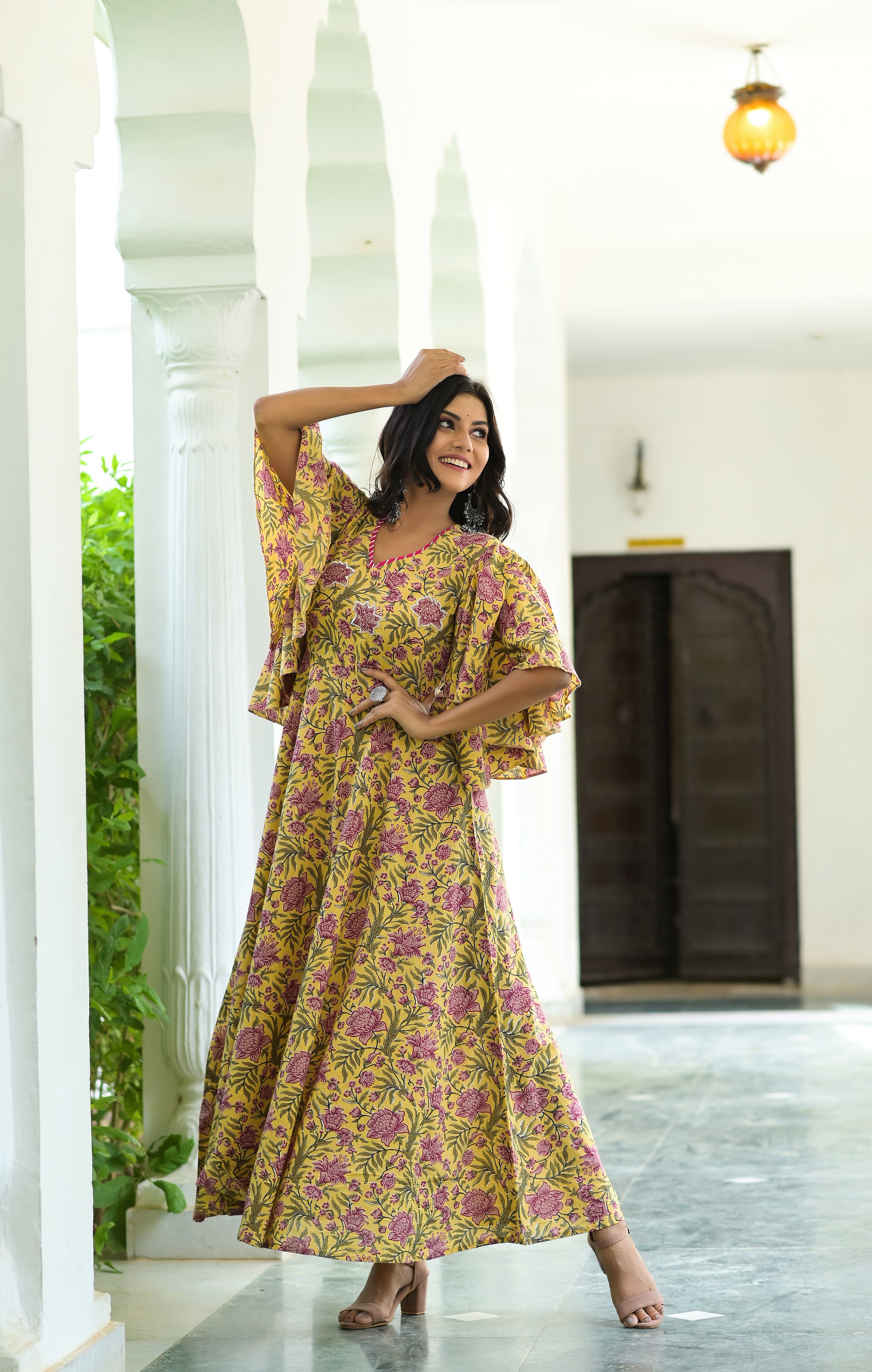 Yellow Blush Printed Cotton Dress With Adda Work - Hatheli