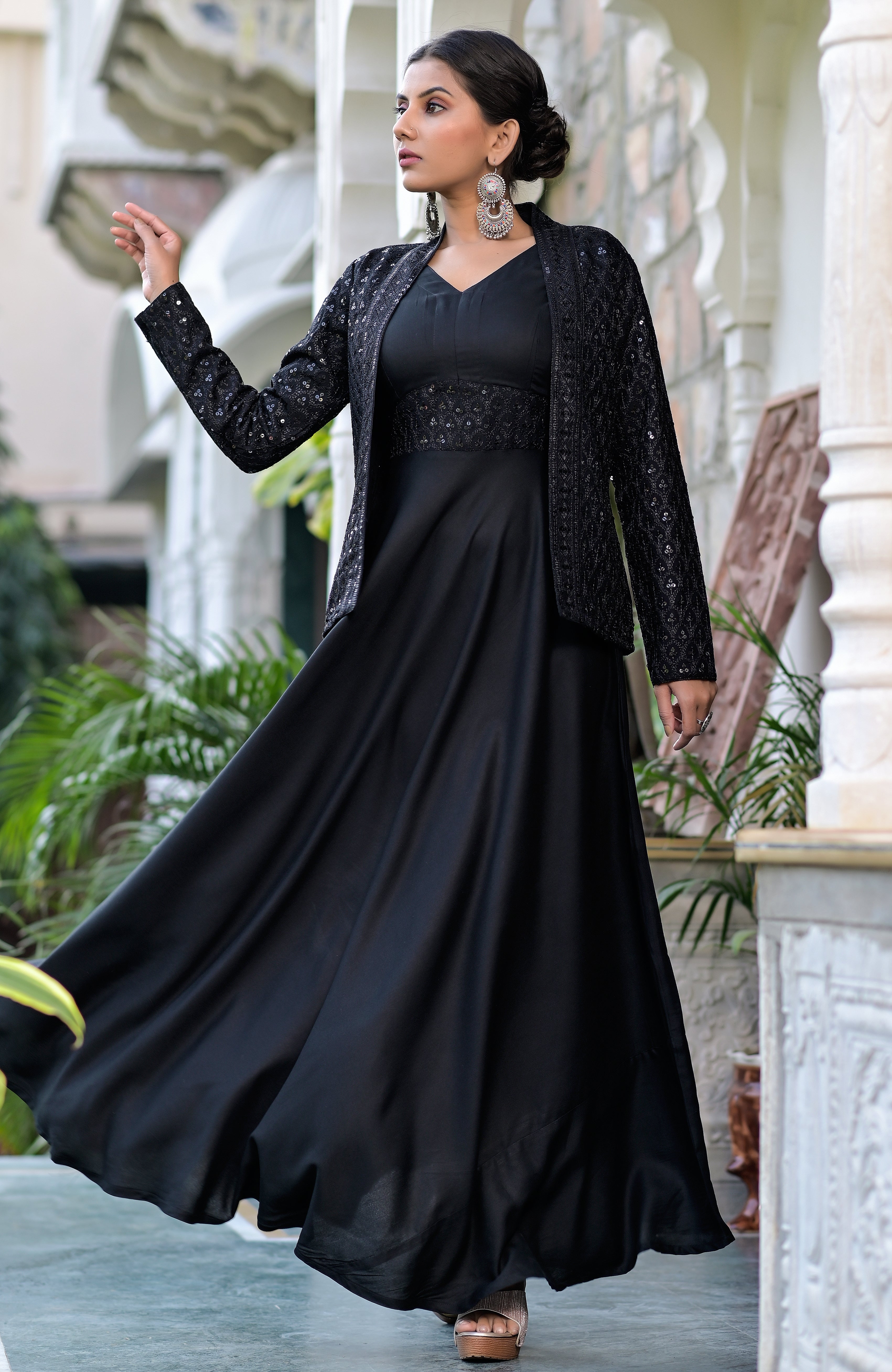 A black long jacket in net base with handwork done with stones and beads |  BORN 2 FLAAUNT
