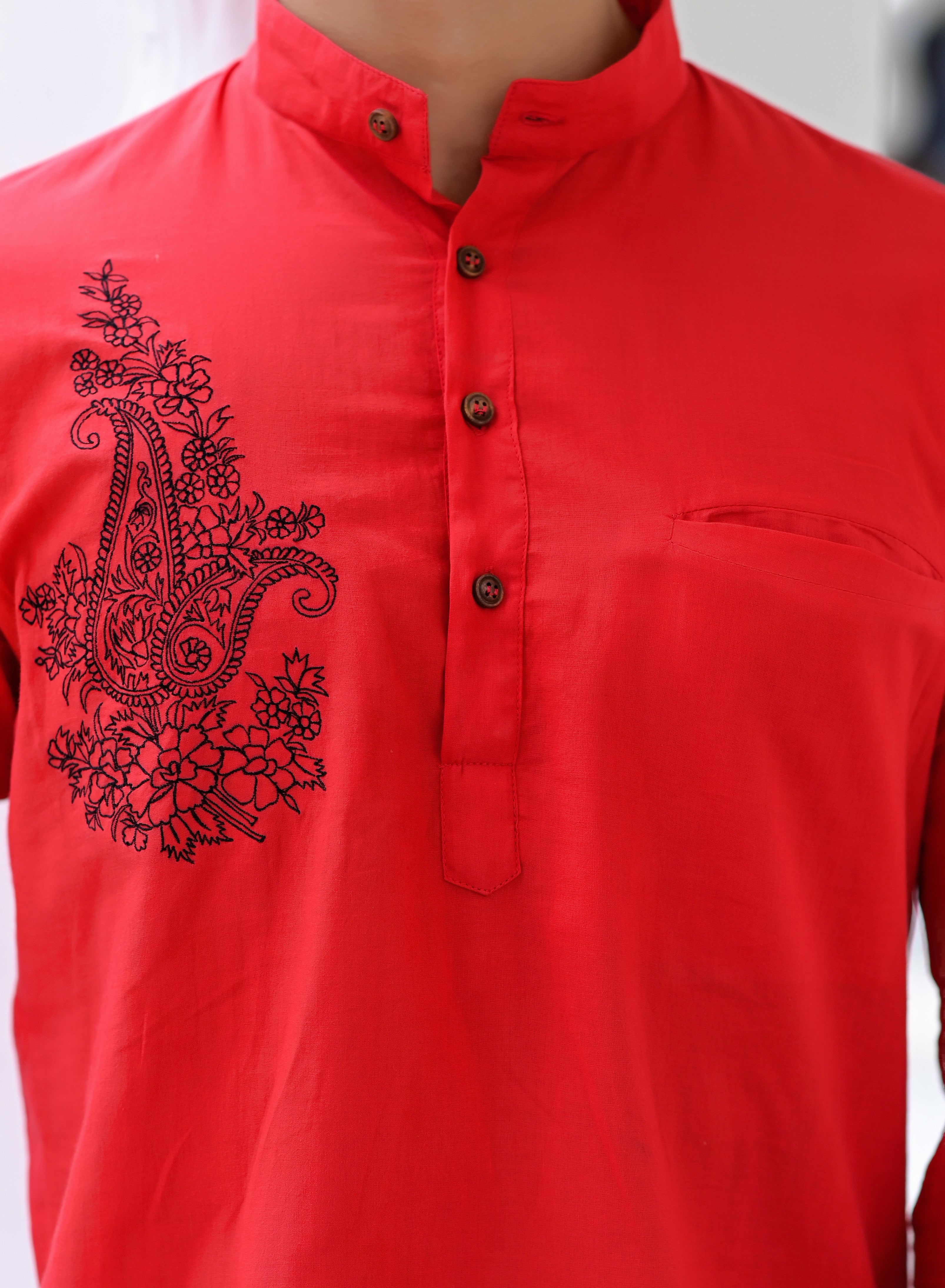 Red Cotton Embroidered Kurta