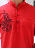 Red Cotton Embroidered Kurta