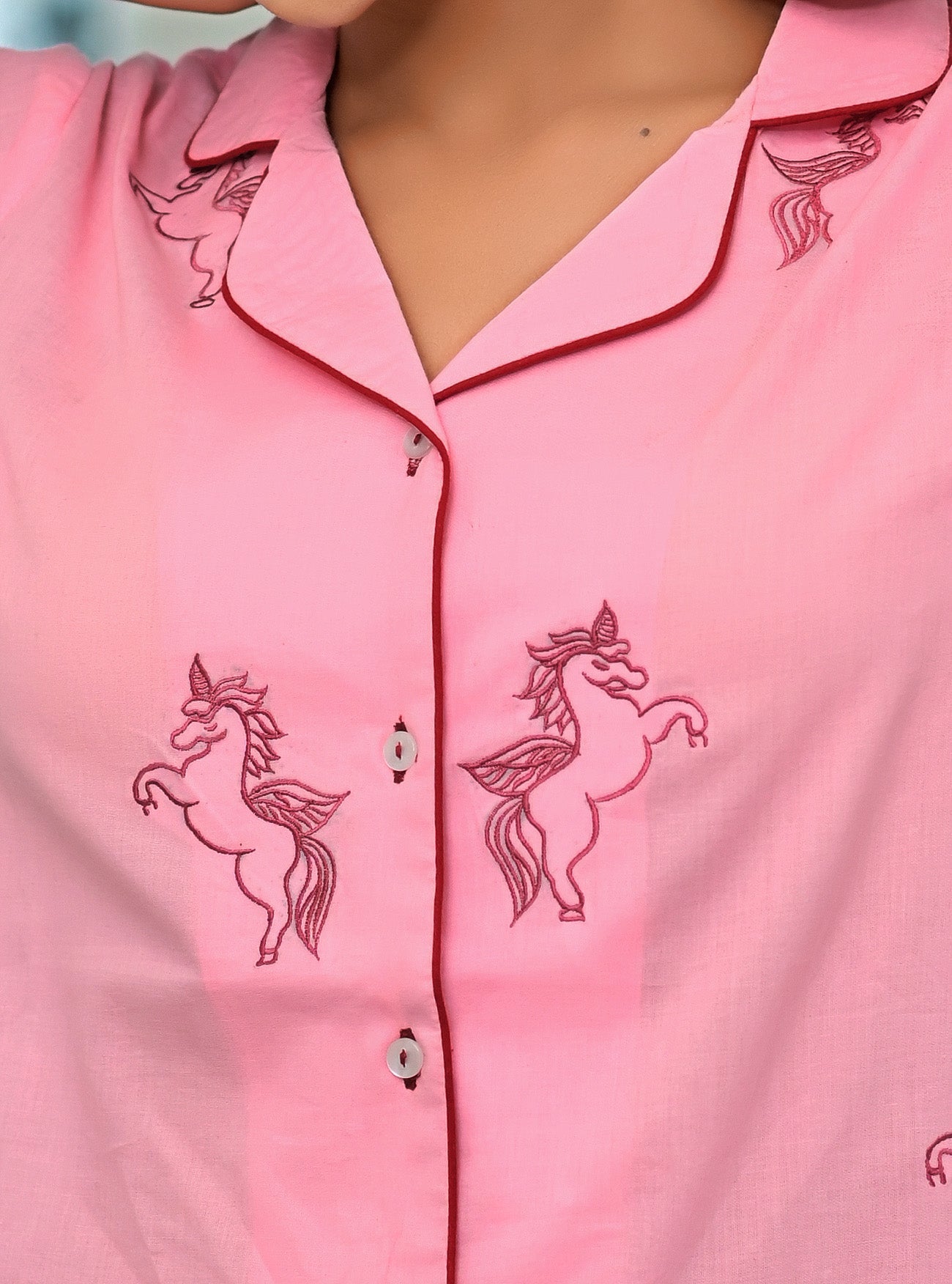 Pink Unicorn Embroidered Cotton Night Suit