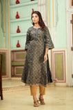 Gold printed A line Cotton Kurta with side slit beautifully detailed with Embroidery on neckline.  Hatheli