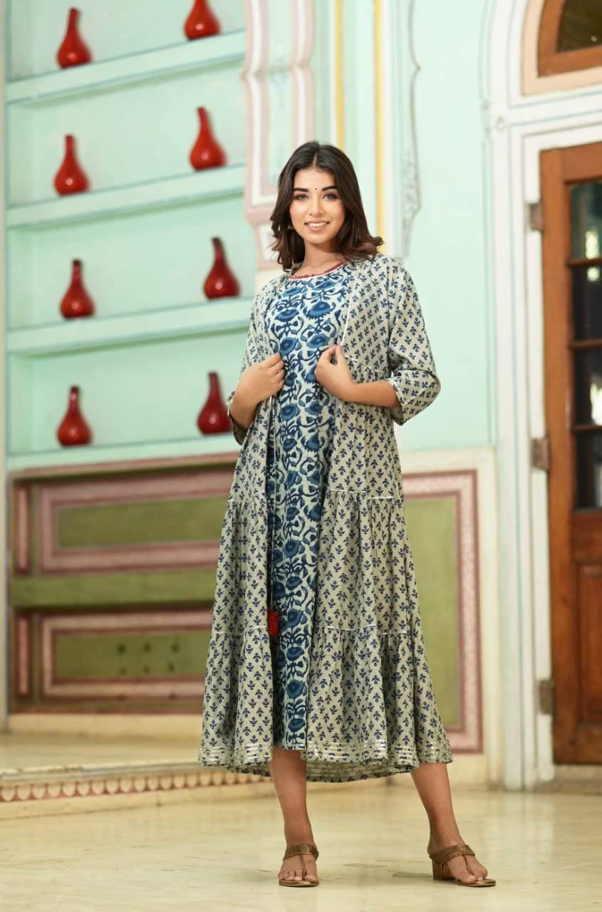 Double layer Rayon Flared Dress detailed with hand work and Gota  Hatheli