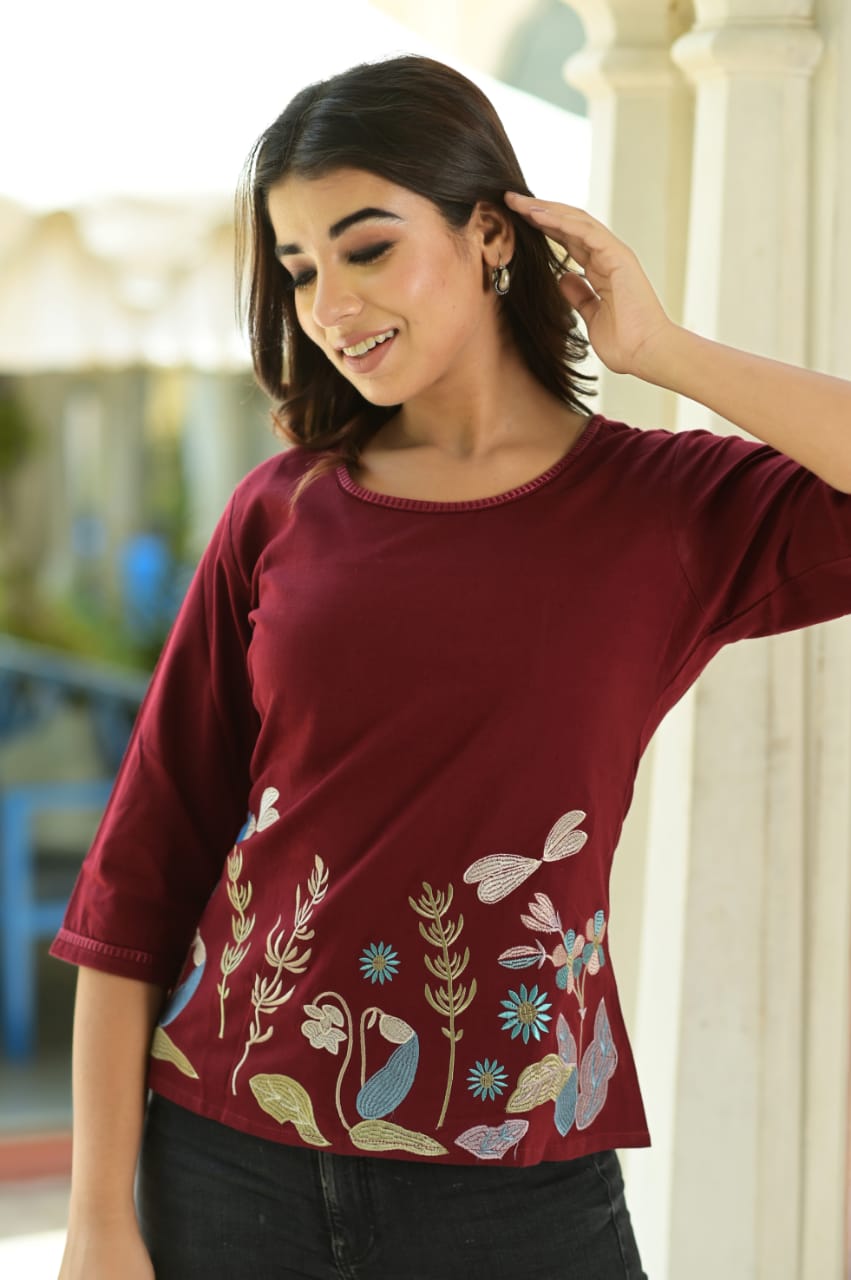 Floral Embroidered Cotton Top detailed with hand work  Hatheli